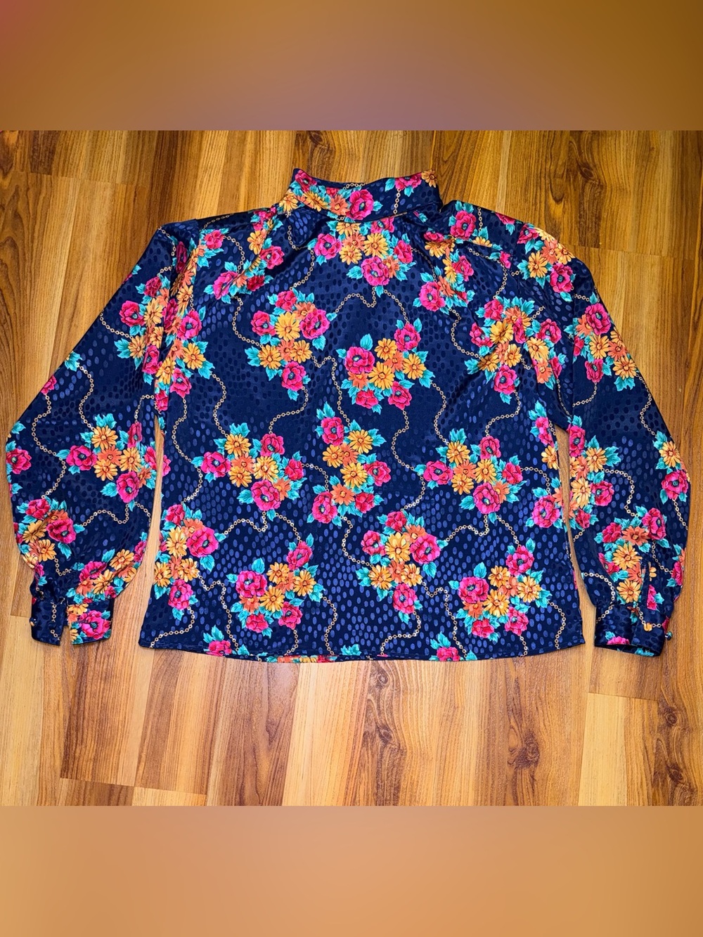 Notations Navy Mock Neck Long Sleeve Top with Pink & Yellow Floral Print
